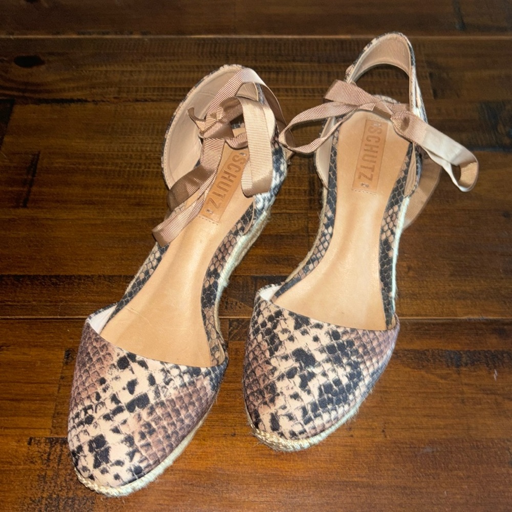 SCHUTZ Snake Print Espadrille Wedge in Beige and Black with Tan Ankle Tie